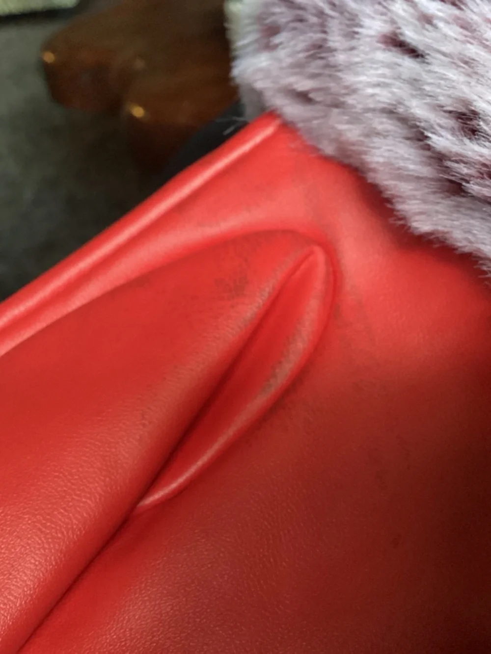 Red winter gloves with PURPLE FAUX FUR. really cute. Non leather